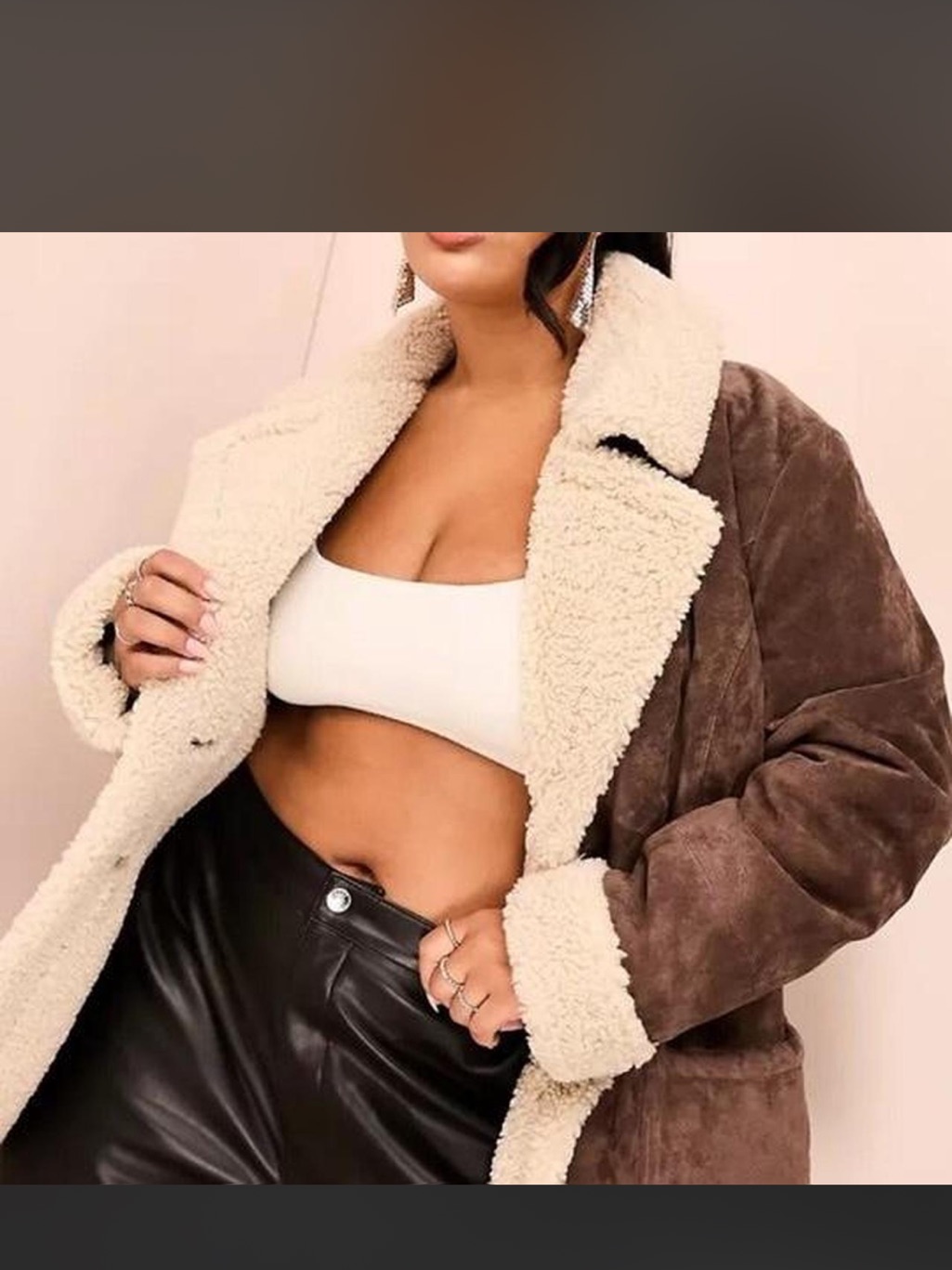 Women’s Sherpa-Lined Faux Suede Coat - Brown/Cream